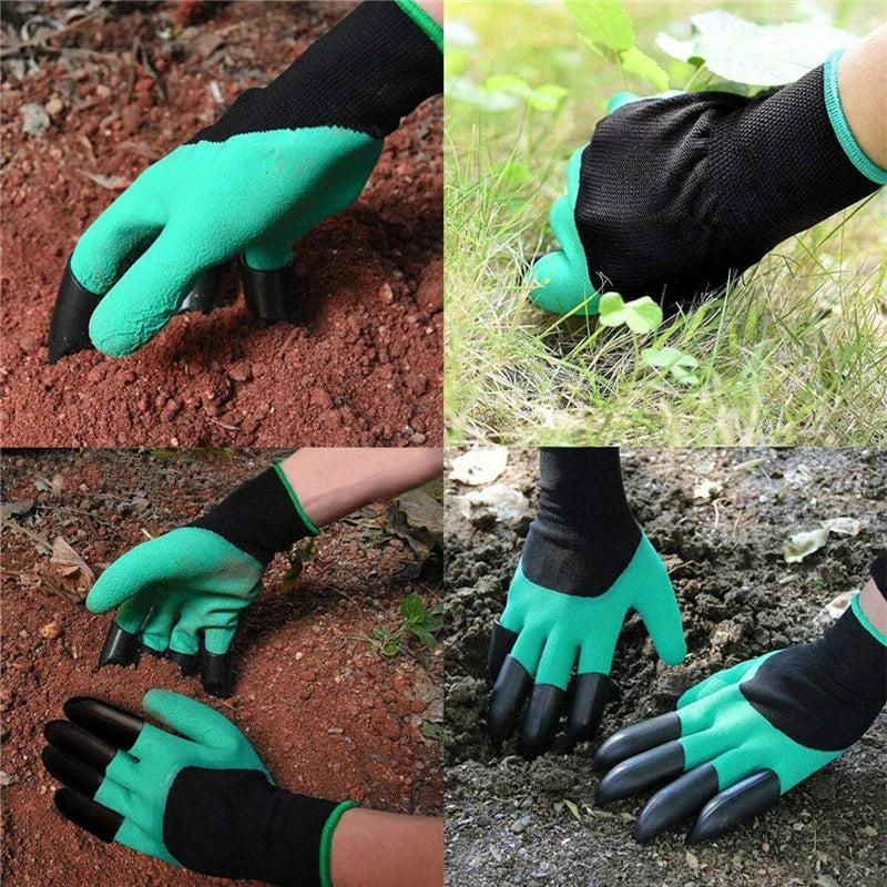 Gardening gloves with clawed fingers used for digging in soil and grass.
