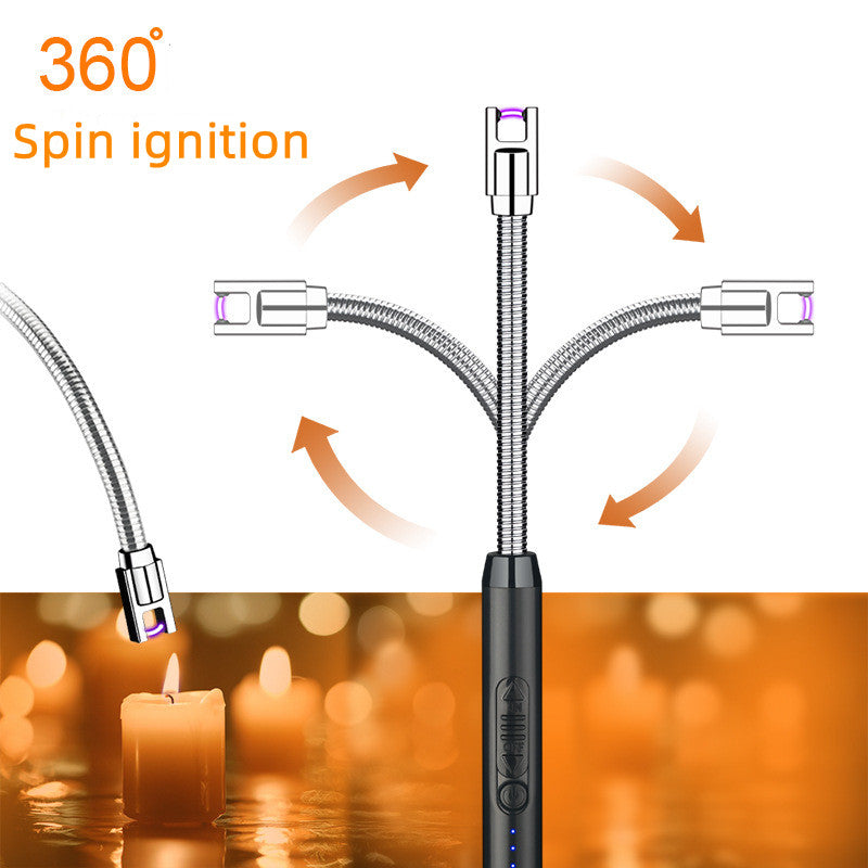 360-degree spin ignition device with flexible hoses and a blurred candlelight background.