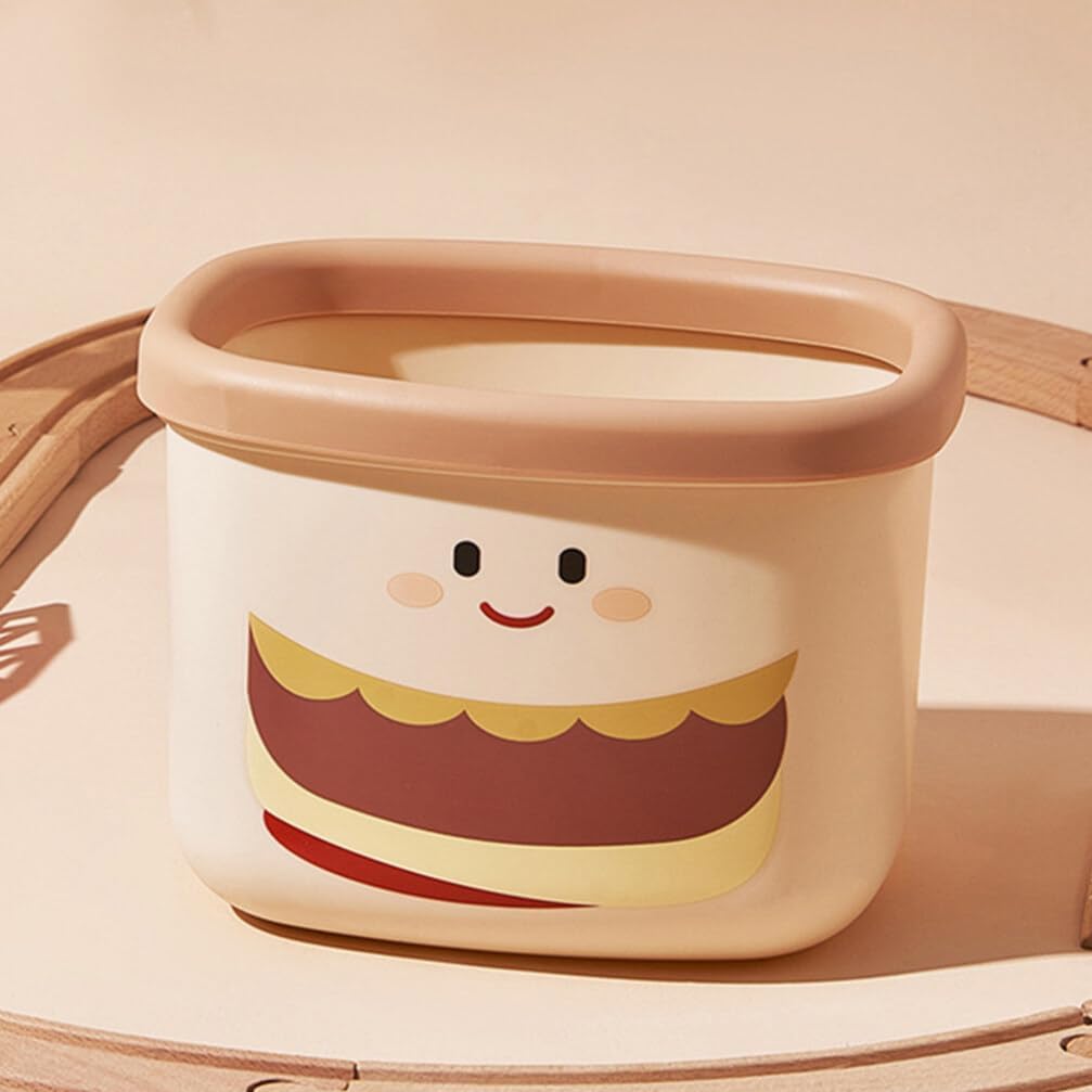 Mini hamburger shaped trash cans in cream and yellow with cute expressions – perfect for small spaces and desk organization.

