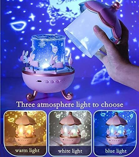 Handheld night light projector with three light options displayed on a blue background.