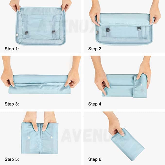Step-by-step process of folding a blue travel organizer.