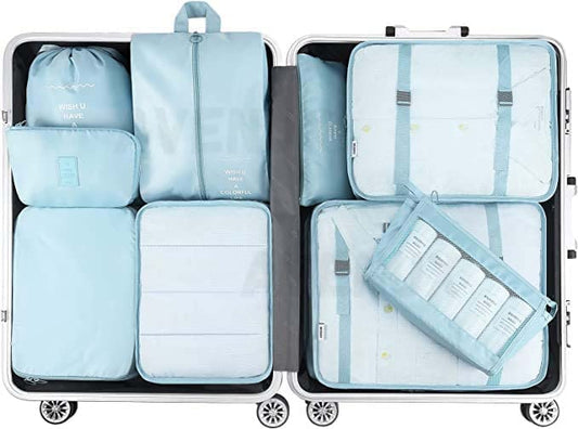 7-piece travel packing cube set with laundry, shoe, toiletry and undergarment bags – ideal for suitcases and organized travel.

