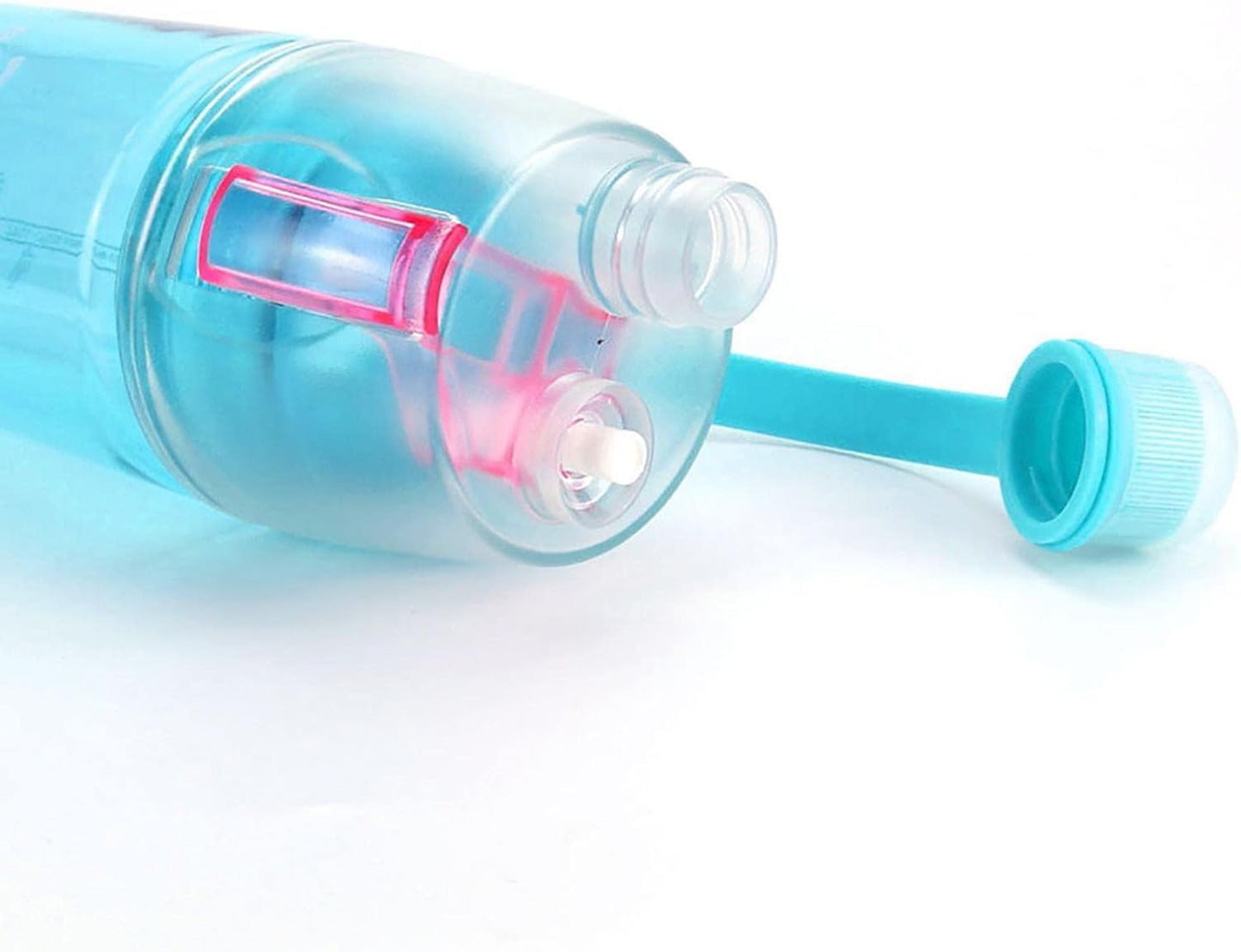 Clear bottle with blue cap and pink interior on a white background