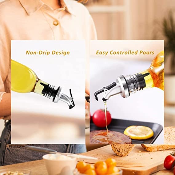 Person using an olive oil dispenser with text 'Non-Drip Design' and 'Easy Controlled Pours'.