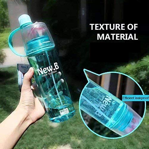 Blue water bottle held by a hand with close-up of material texture, outdoors.
