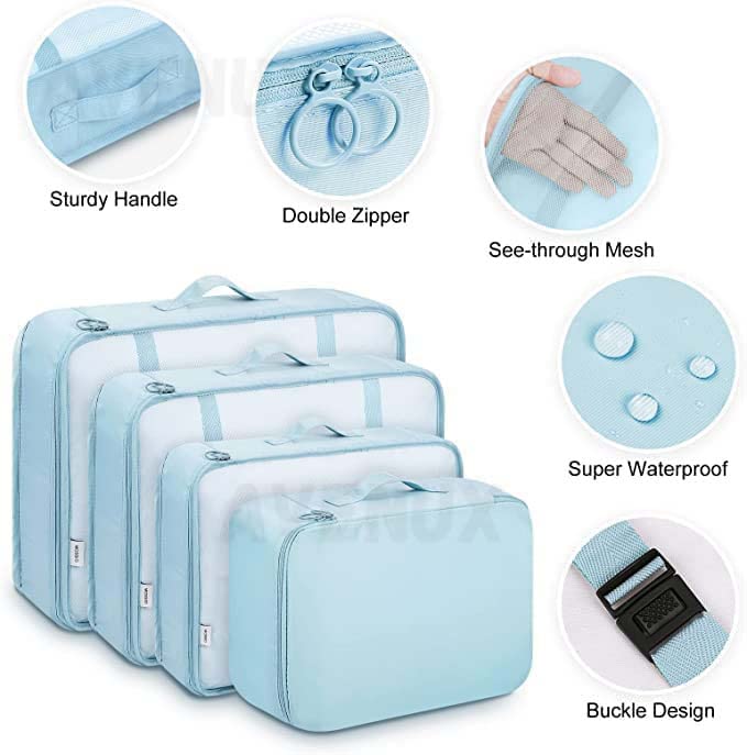 7-piece travel packing cube set with laundry, shoe, toiletry and undergarment bags – ideal for suitcases and organized travel.

