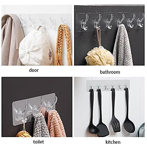 Collage of hooks used on door, bathroom, toilet, and kitchen surfaces.