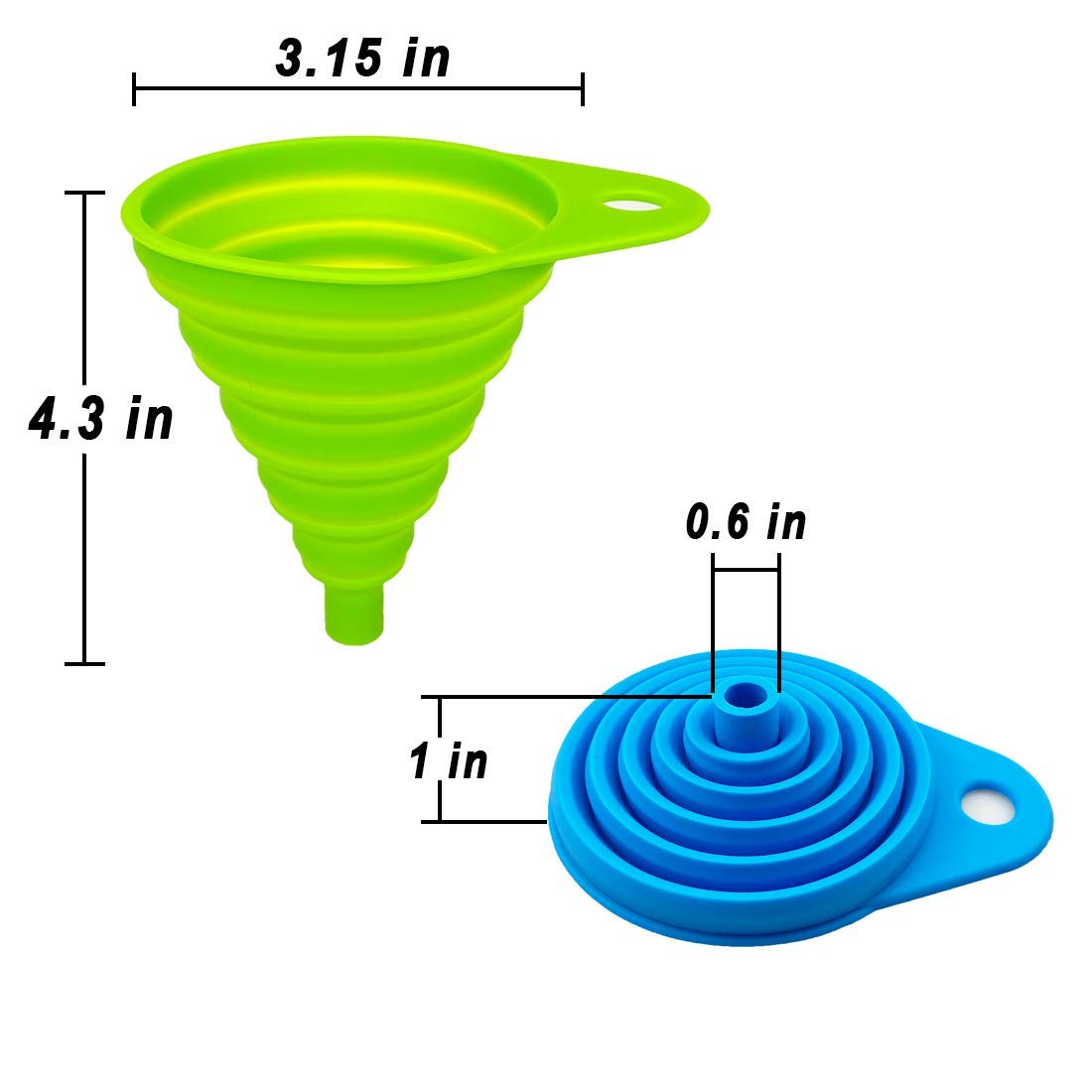 Green and blue silicone funnels with measurements on a white background