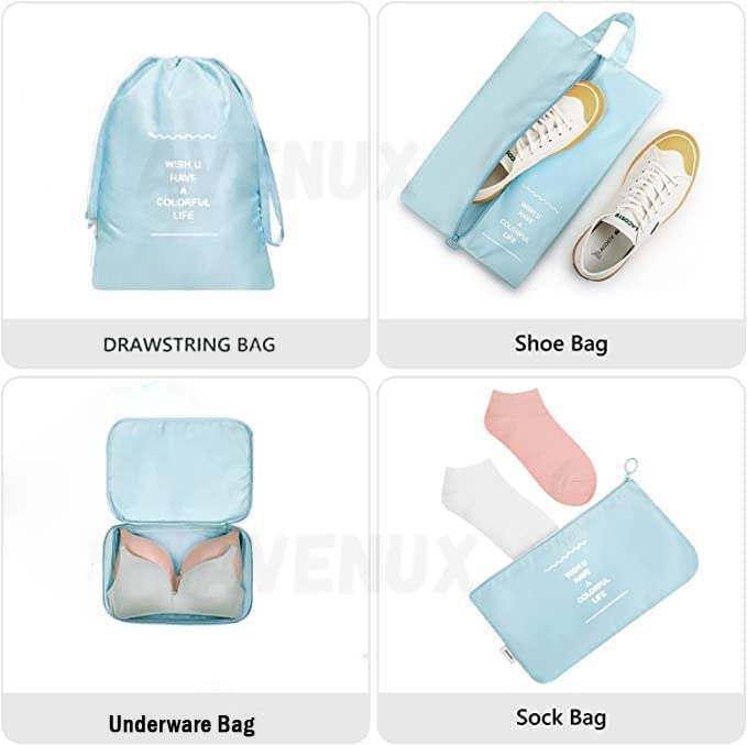 Set of travel bags including a drawstring bag, shoe bag, underwear bag, and sock bag on a white background.