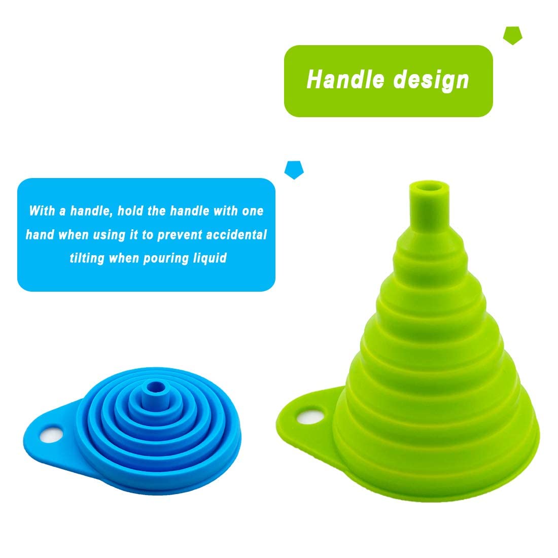 Two silicone funnels, one blue and one green, with text explaining handle design on a white background.