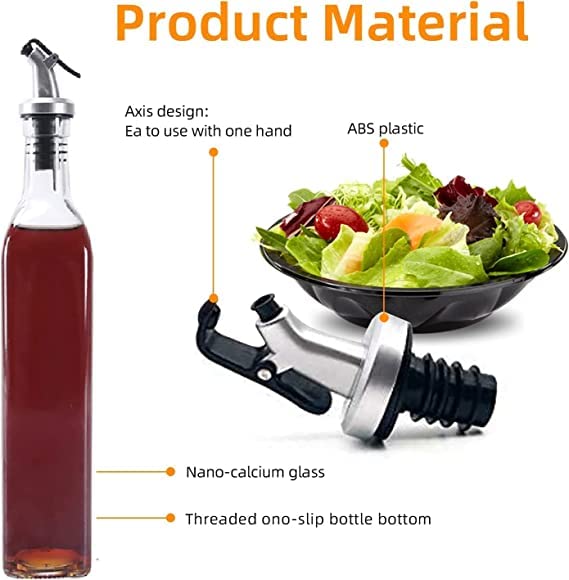 Oil bottle with salad and material details on a white background