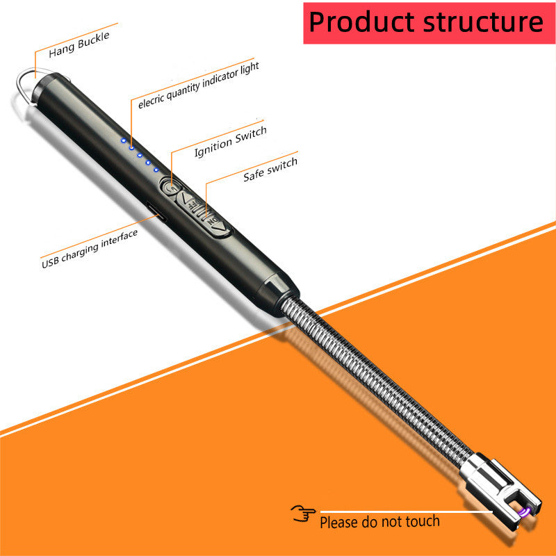 Rechargeable electric arc BBQ lighter with long neck, USB port, and safe ignition – perfect for grill, candle, or campfire use.


