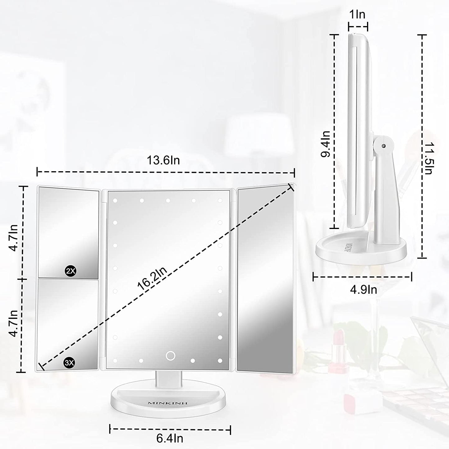 Tri-fold Makeup Mirror with Lights