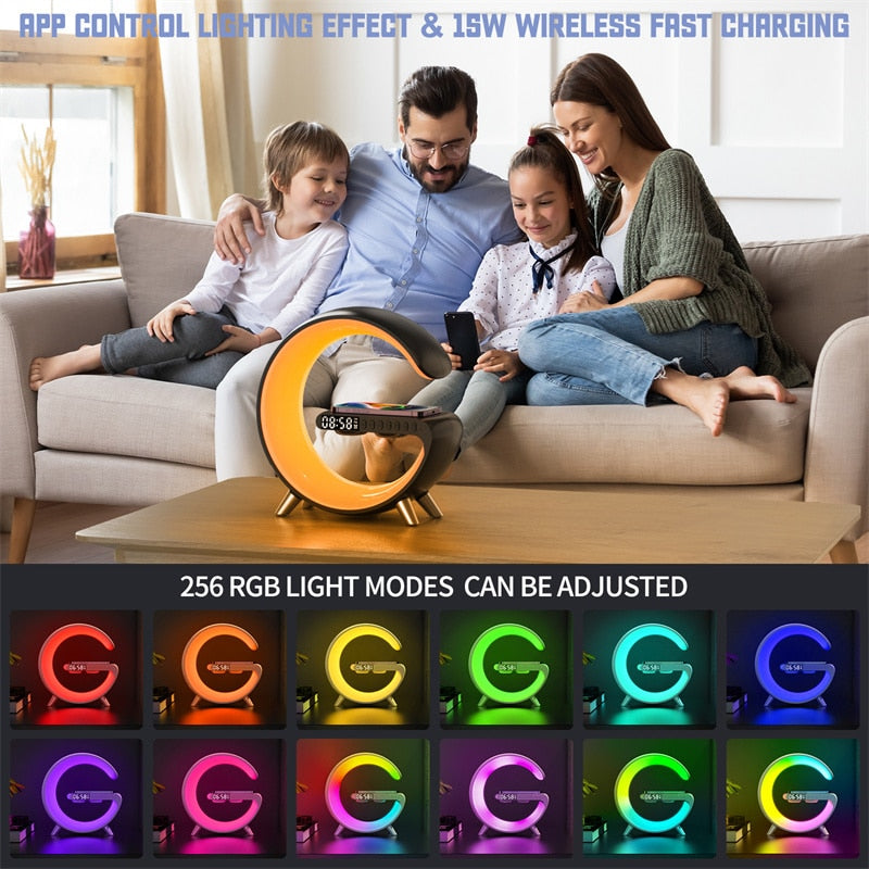 Family sitting on a couch with a round LED lamp displaying various colors.