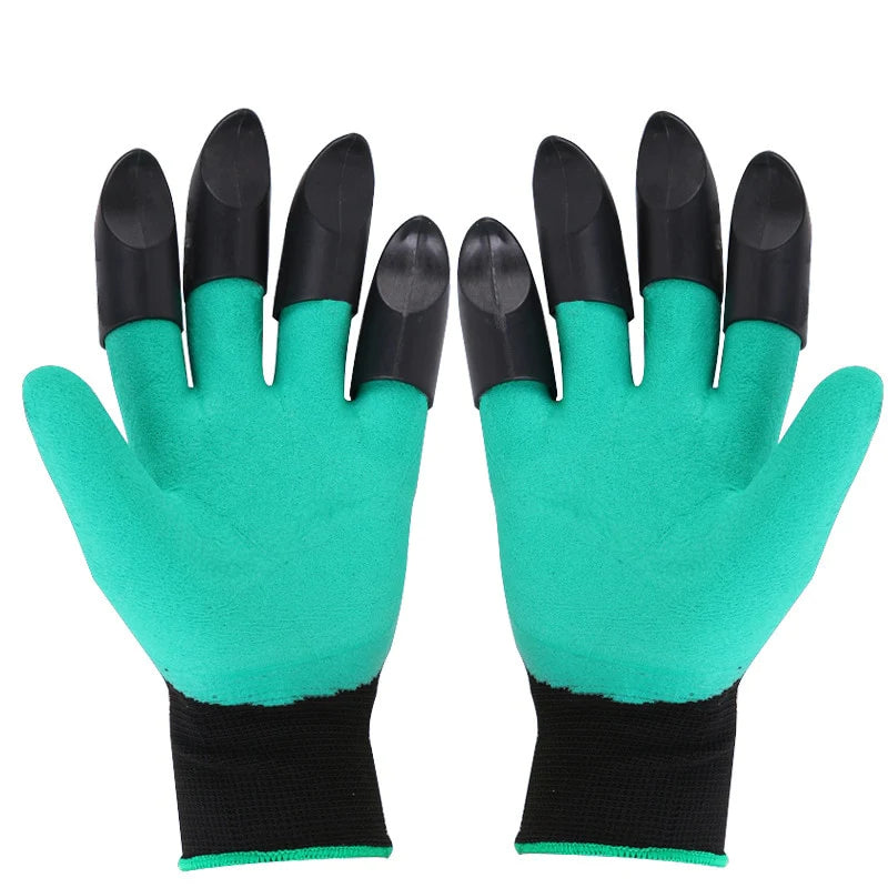 Pair of green gardening gloves with black accents on a white background