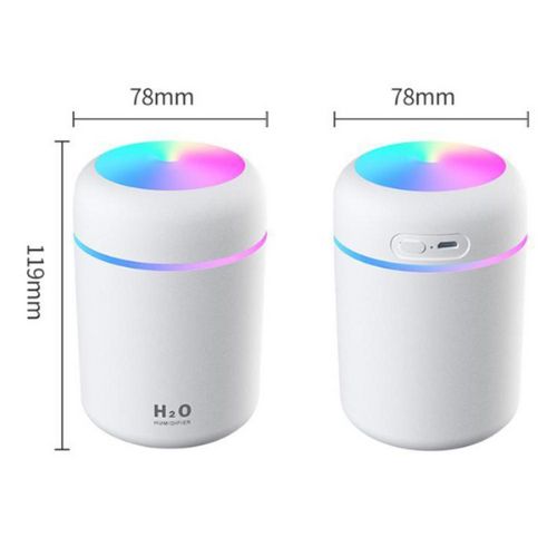 Two white cylindrical devices with colorful LED lights and measurements on a white background