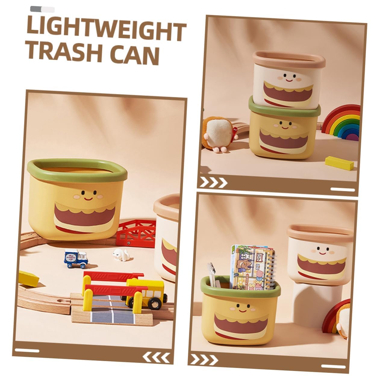 Lightweight trash can with cartoon face design used for organizing toys and stationery on a table.