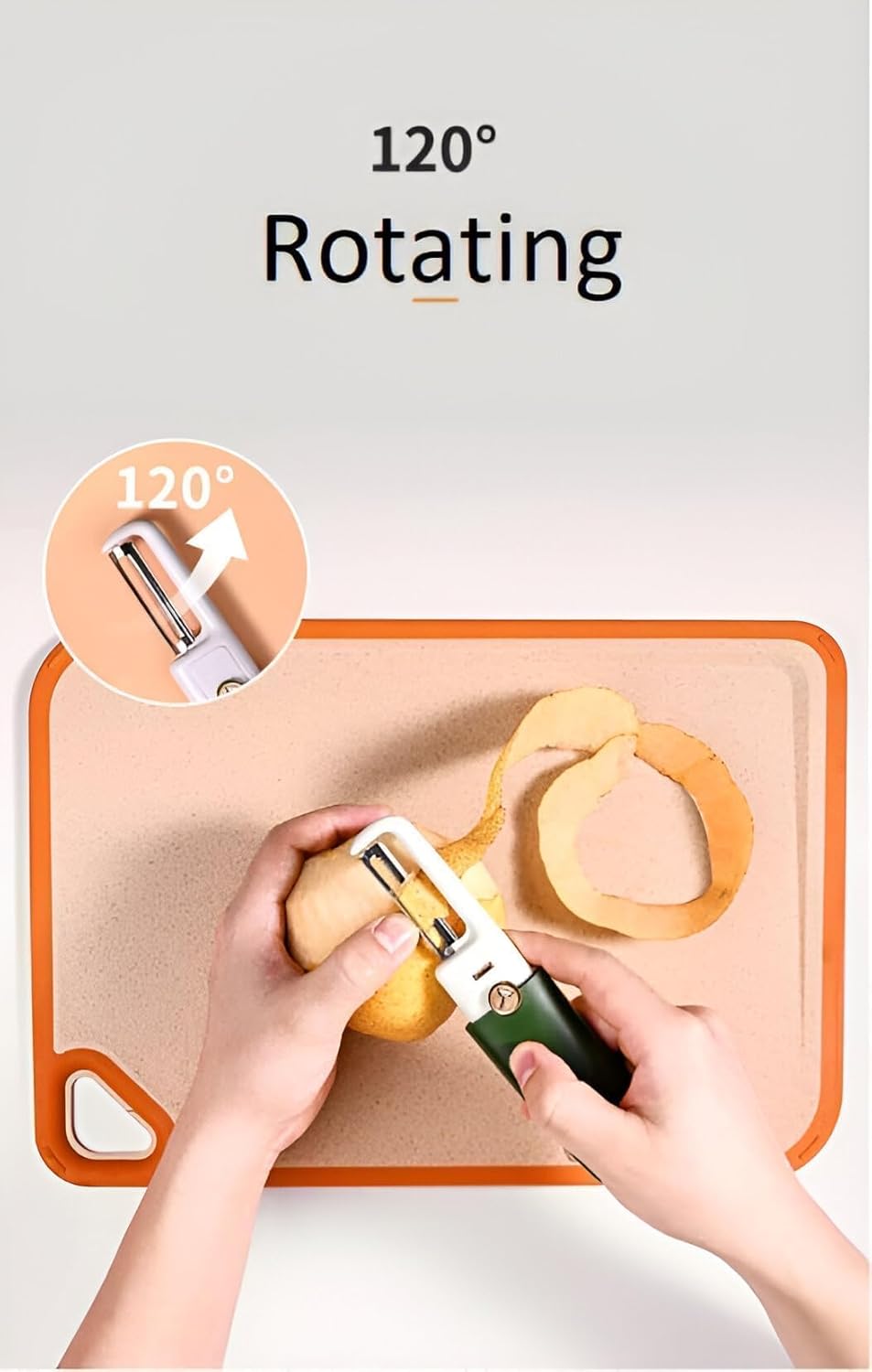 Person using a peeler on an apple with a cutting board and peels displayed, labeled '120° Rotating'.