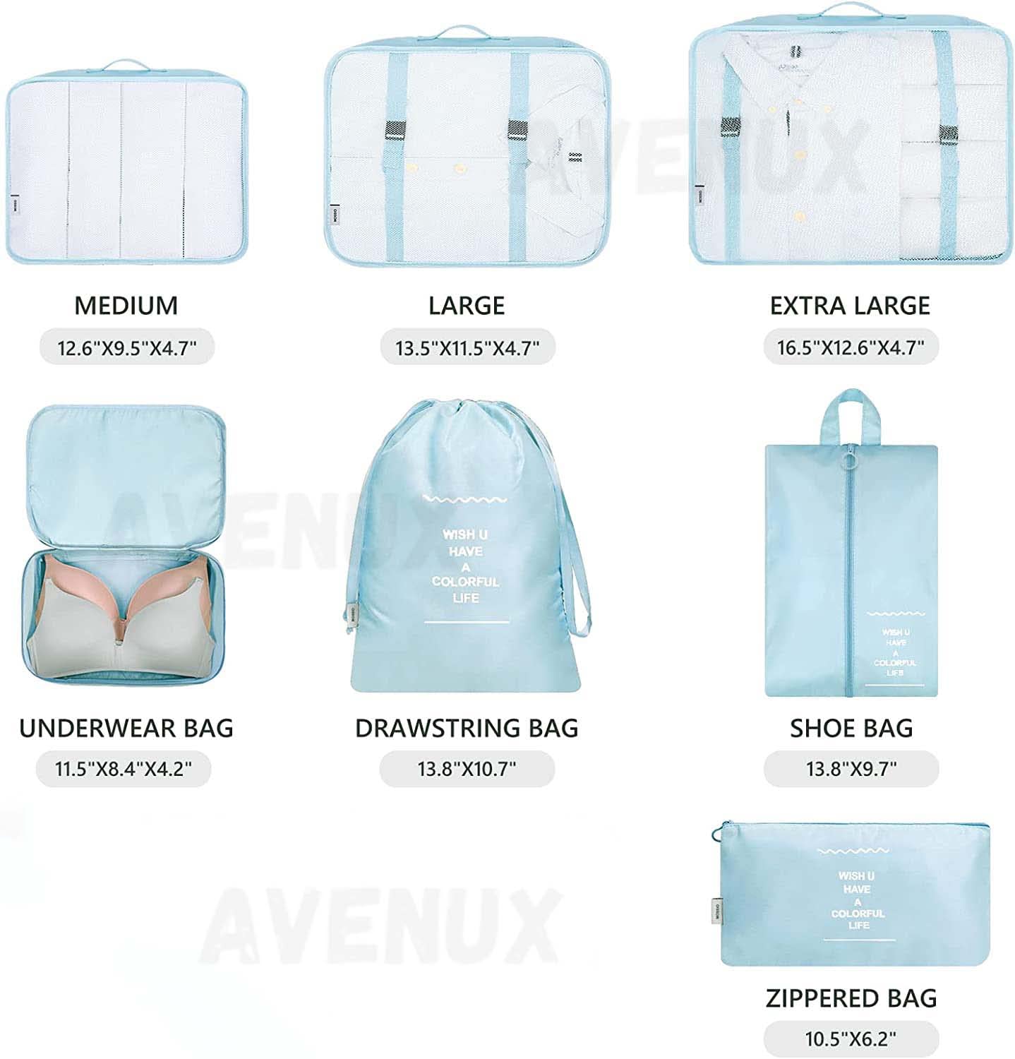 Set of blue packing cubes with sizes and types labeled on a white background