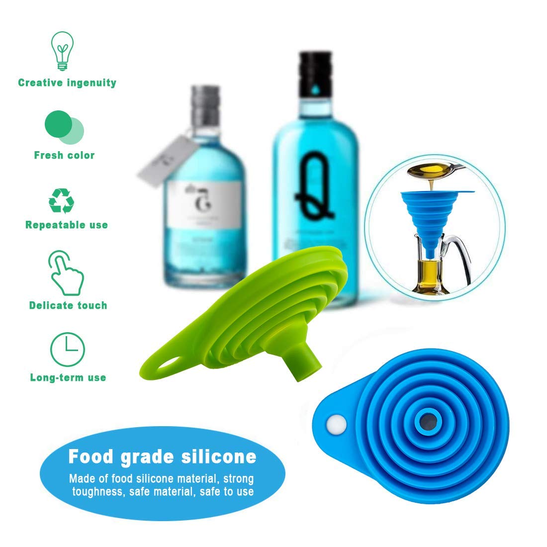 Silicone funnels with bottles and a funnel illustration on a white background