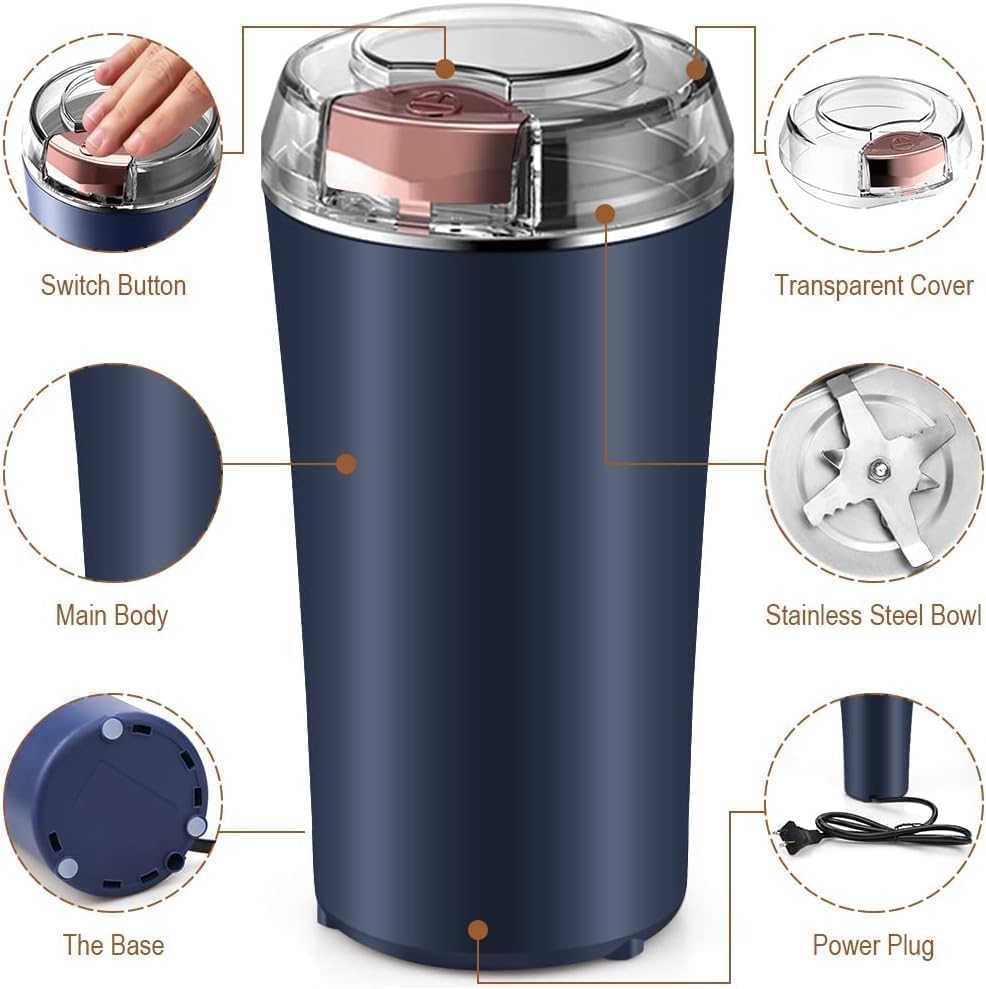 Electric coffee and spice grinder in stainless steel with removable bowl – compact and multi-functional kitchen appliance for masalas, beans, and herbs.