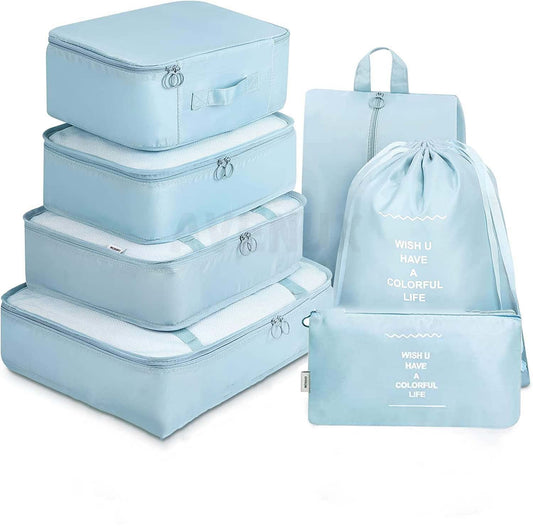 7-piece travel packing cube set with laundry, shoe, toiletry and undergarment bags – ideal for suitcases and organized travel.

