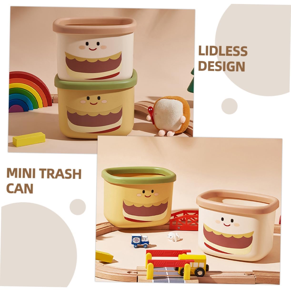 Mini hamburger shaped trash cans in cream and yellow with cute expressions – perfect for small spaces and desk organization.

