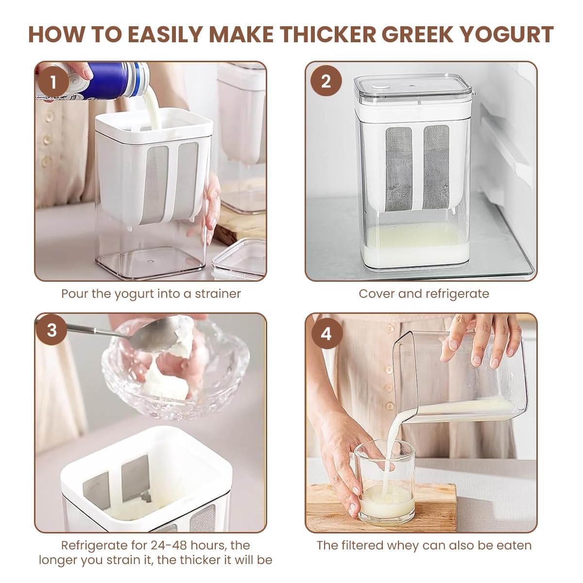 Step-by-step guide on how to make thicker Greek yogurt with images and text.