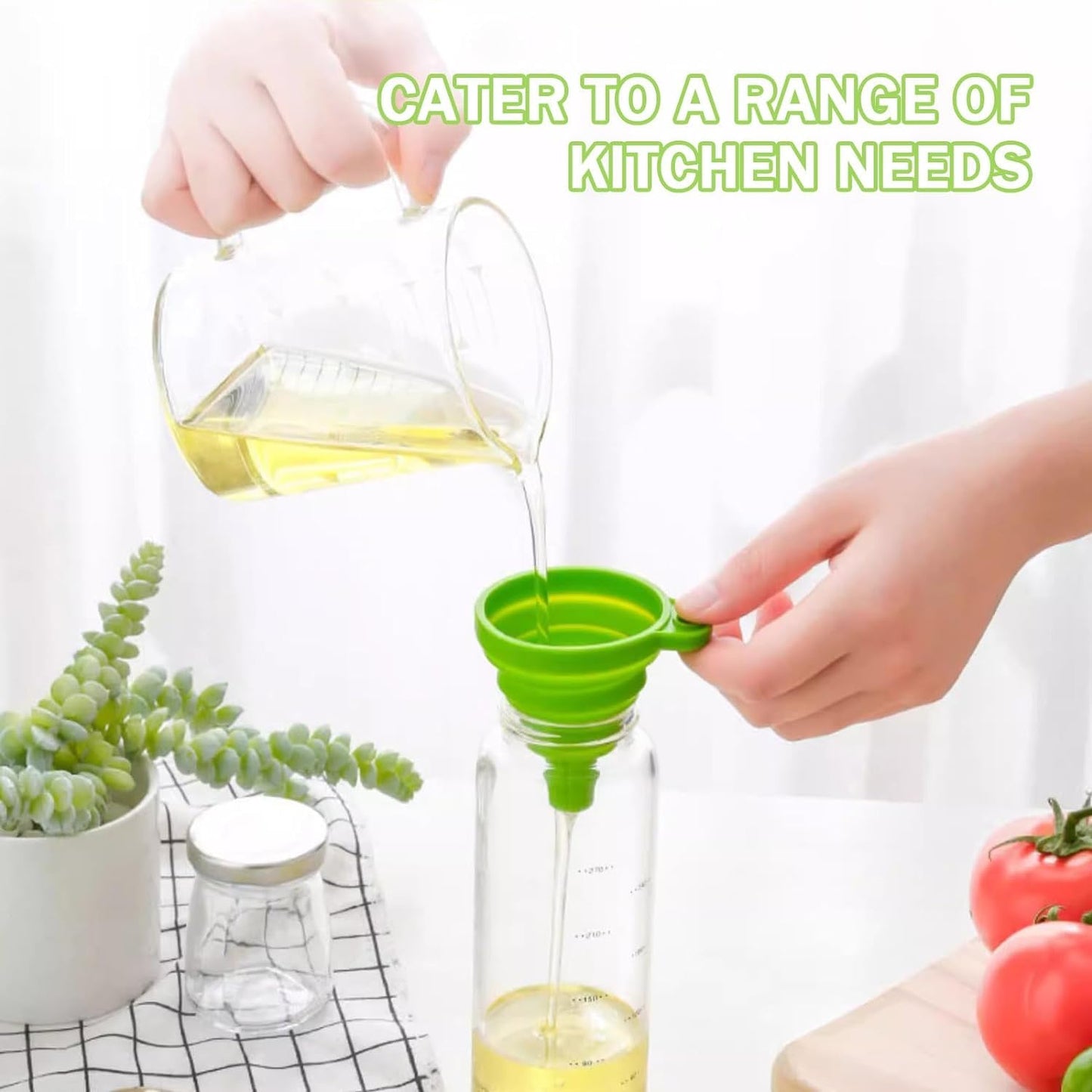 Person pouring oil into a green collapsible funnel over a bottle, with text 'Cater to a range of kitchen needs' above.