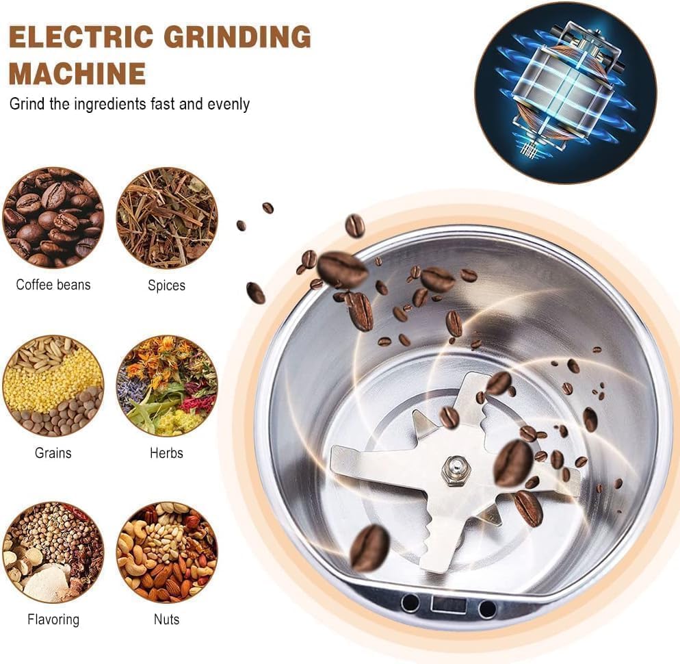 Electric grinding machine with coffee beans, spices, grains, herbs, and nuts displayed around it.