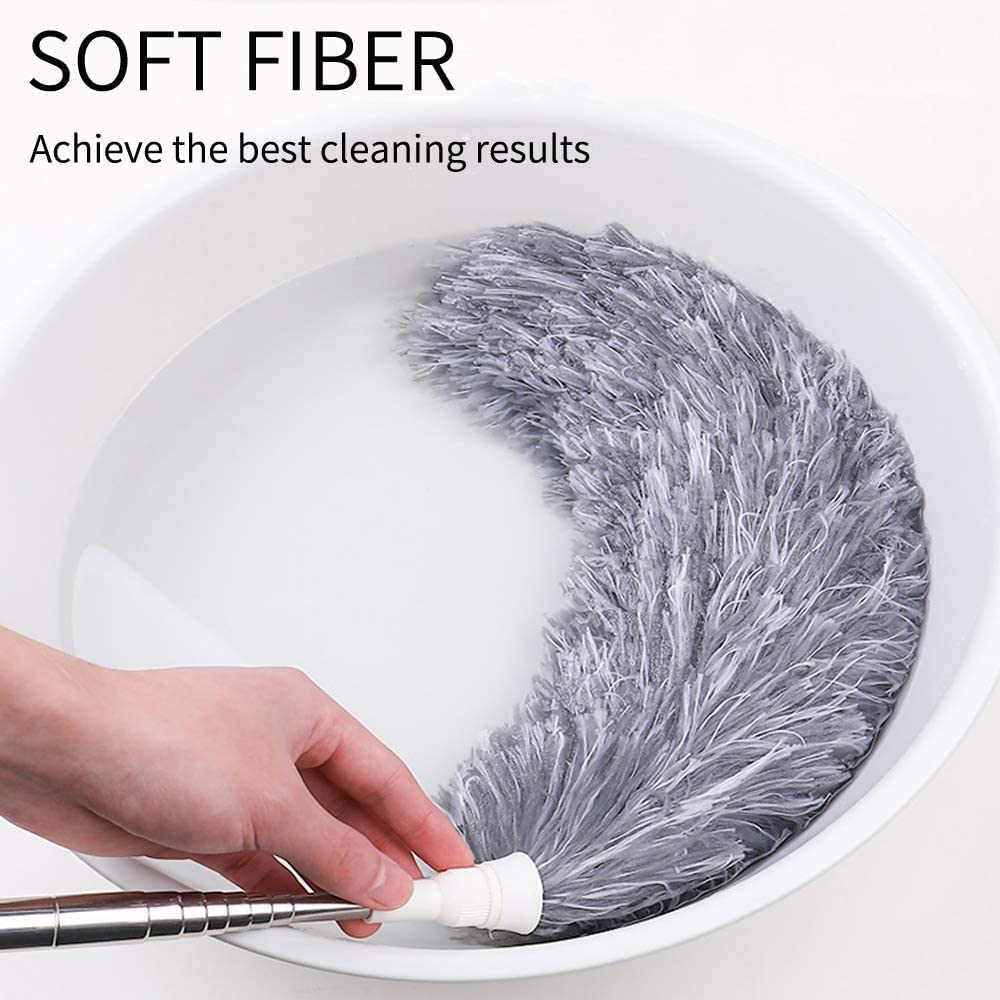 Cleaning tool with soft fiber being submerged in water, labeled 'SOFT FIBER' and 'Achieve the best cleaning results'.