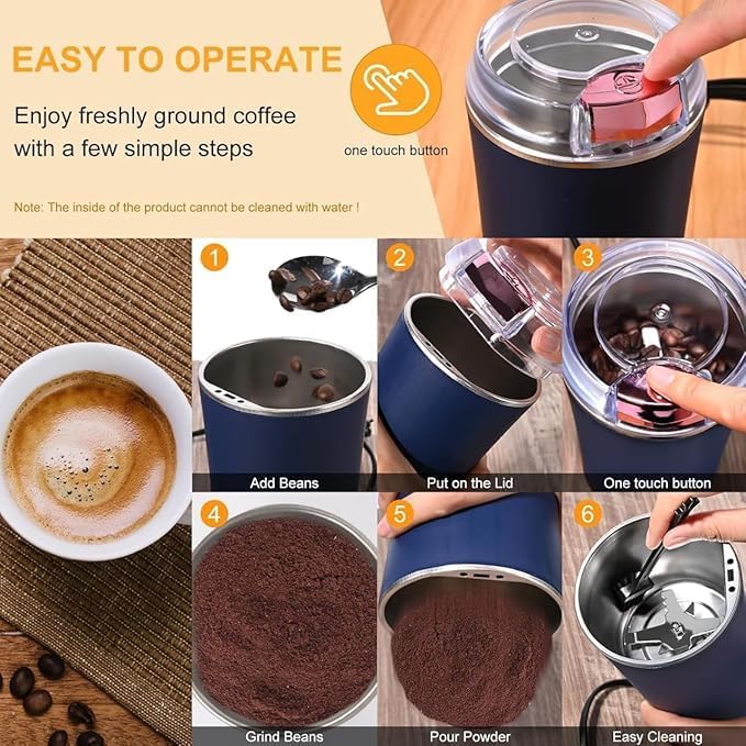 Instructions for using a coffee grinder with images and text on a wooden surface.
