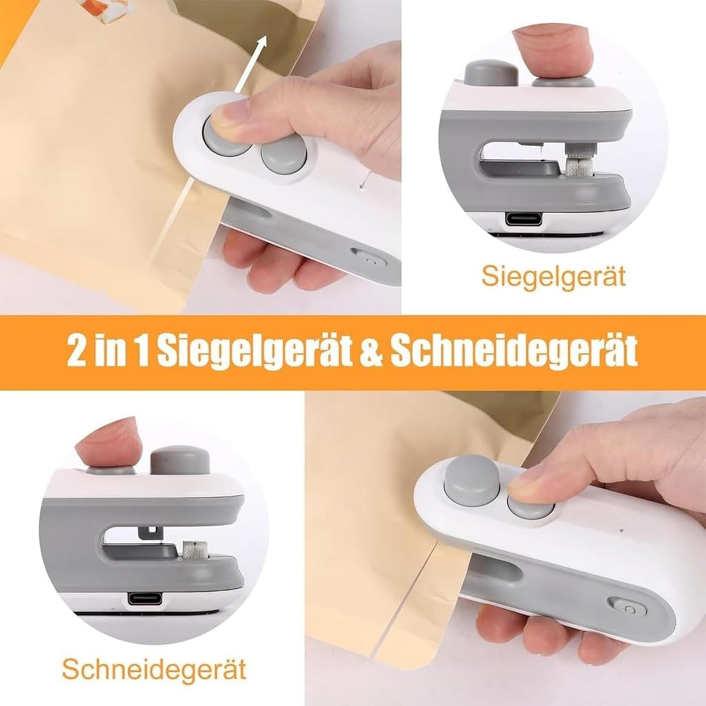 2-in-1 sealing and cutting device being used on paper with German text.