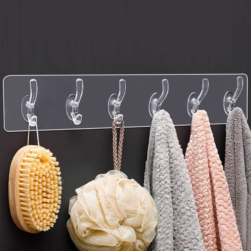 Transparent heavy-duty adhesive wall hook with 6 rotating hangers for kitchen, bathroom, and multipurpose use – no drilling required.


