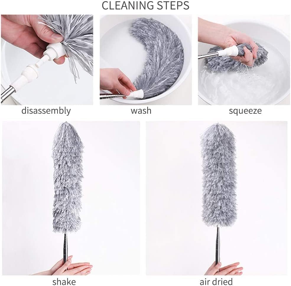 Step-by-step cleaning process of a feather duster with text labels.
