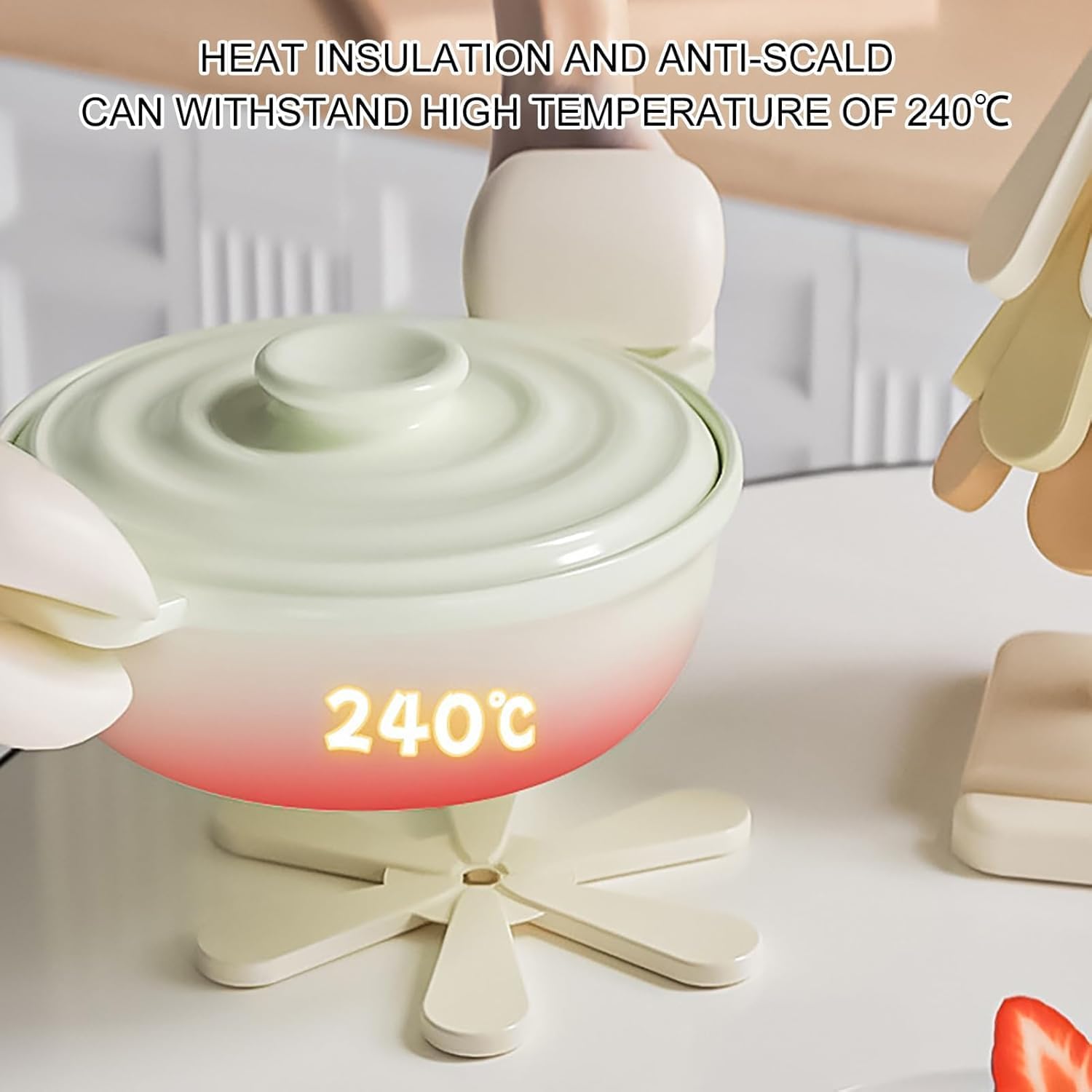 Tree-shaped silicone trivet set with stand in a modern kitchen setting

