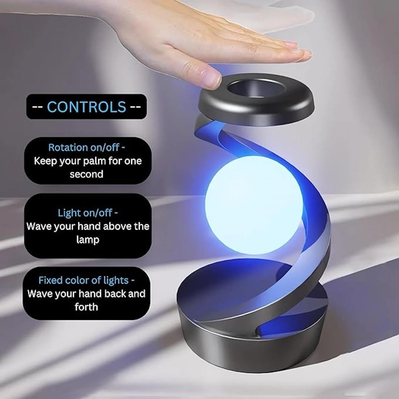Handheld lamp with control instructions on a gray background