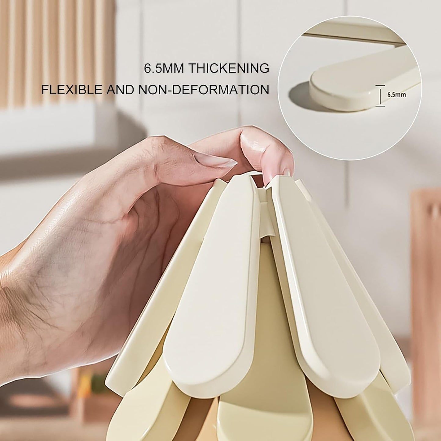 Tree-shaped silicone trivet set with stand in a modern kitchen setting


