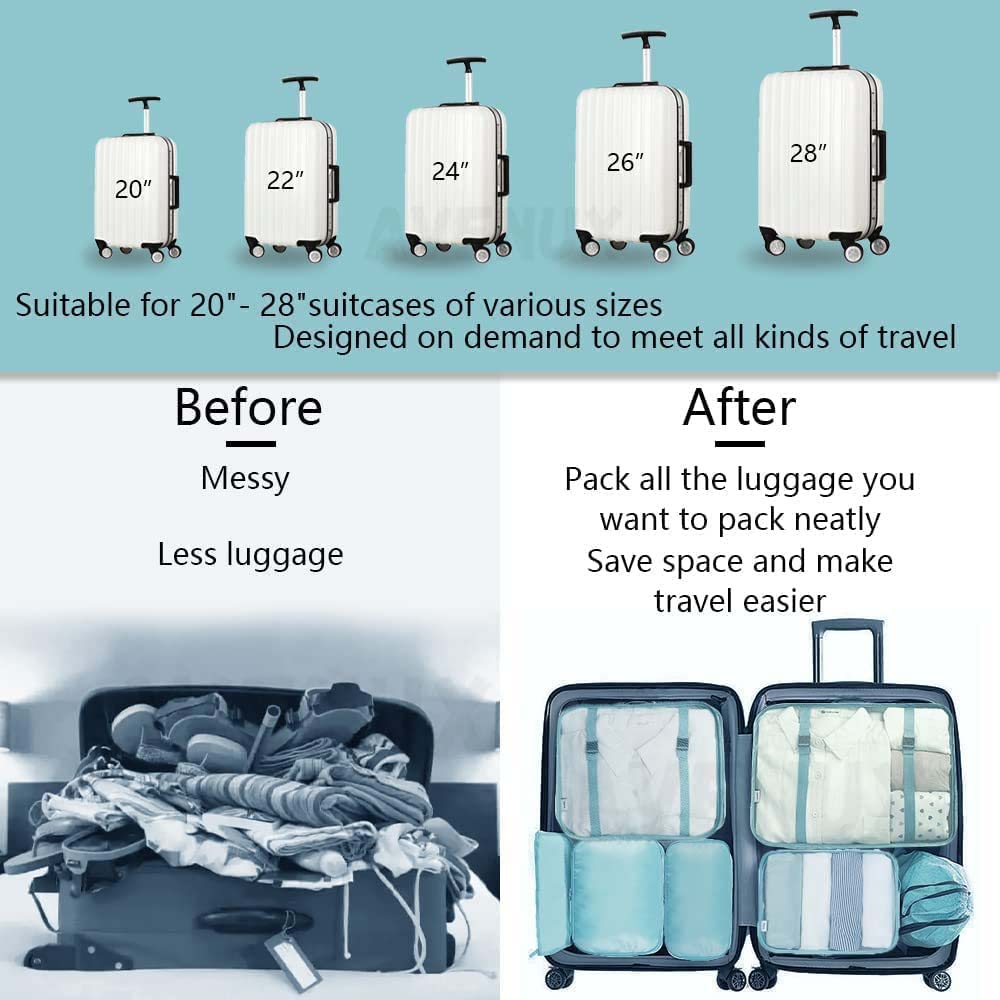 Set of suitcases with size indicators and a before-and-after comparison of packed luggage.