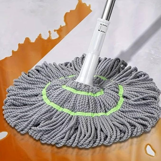 Gray mop with a white handle on an orange and white background