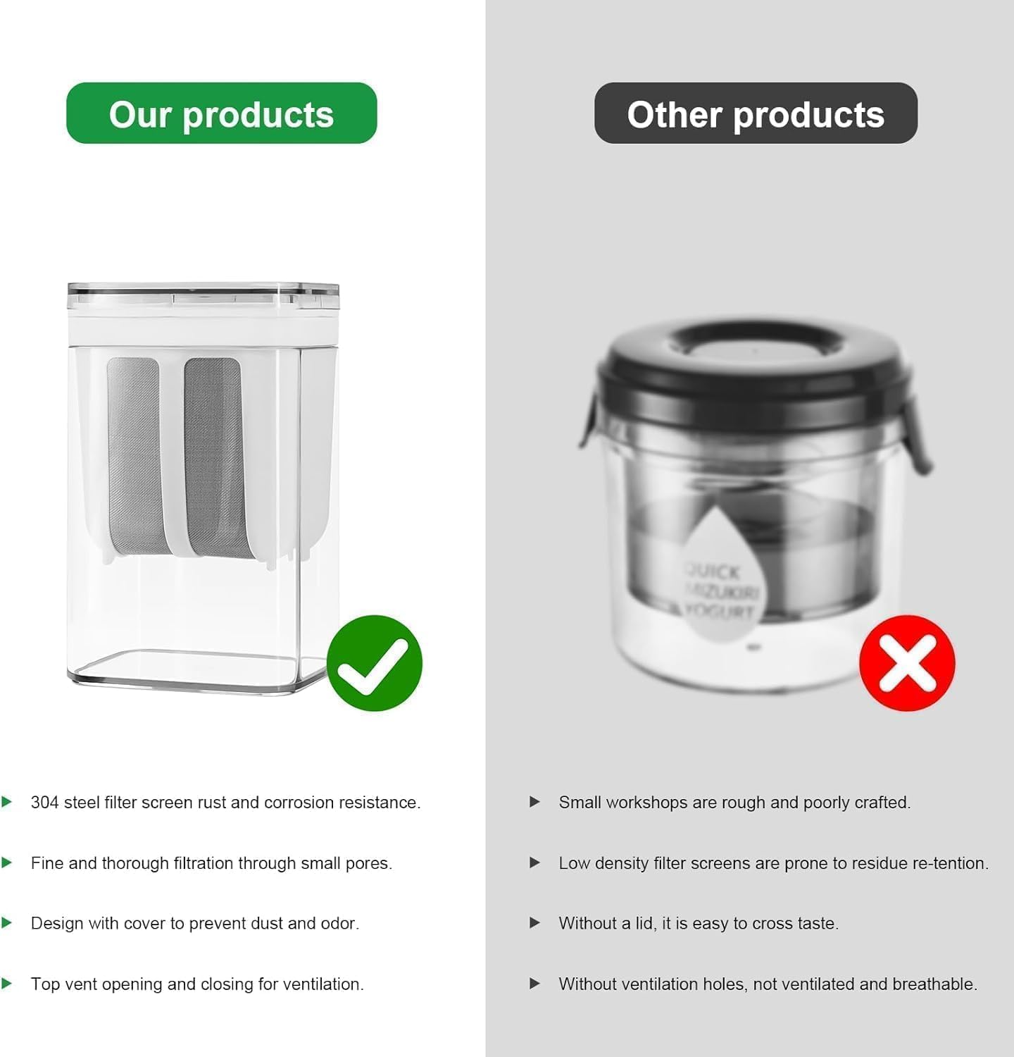 Comparison of two products with text on a gray background