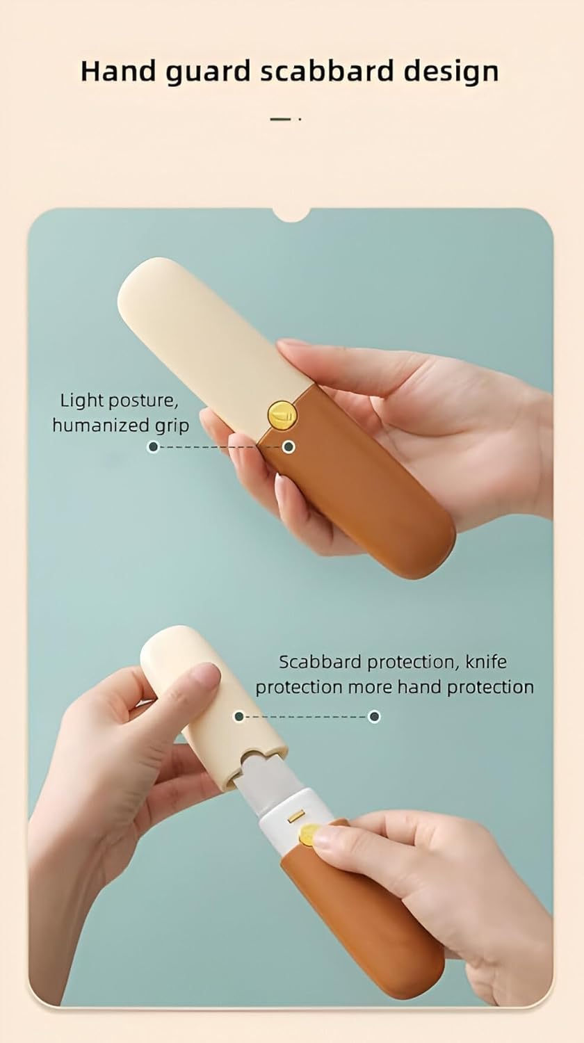 Knife with hand guard scabbard design held by hands on a light blue background