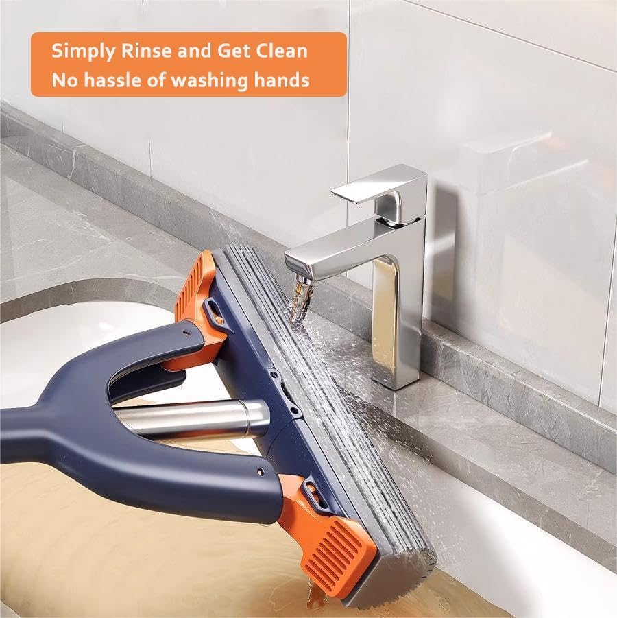 Cleaning tool being used to clean a bathroom corner with a faucet.