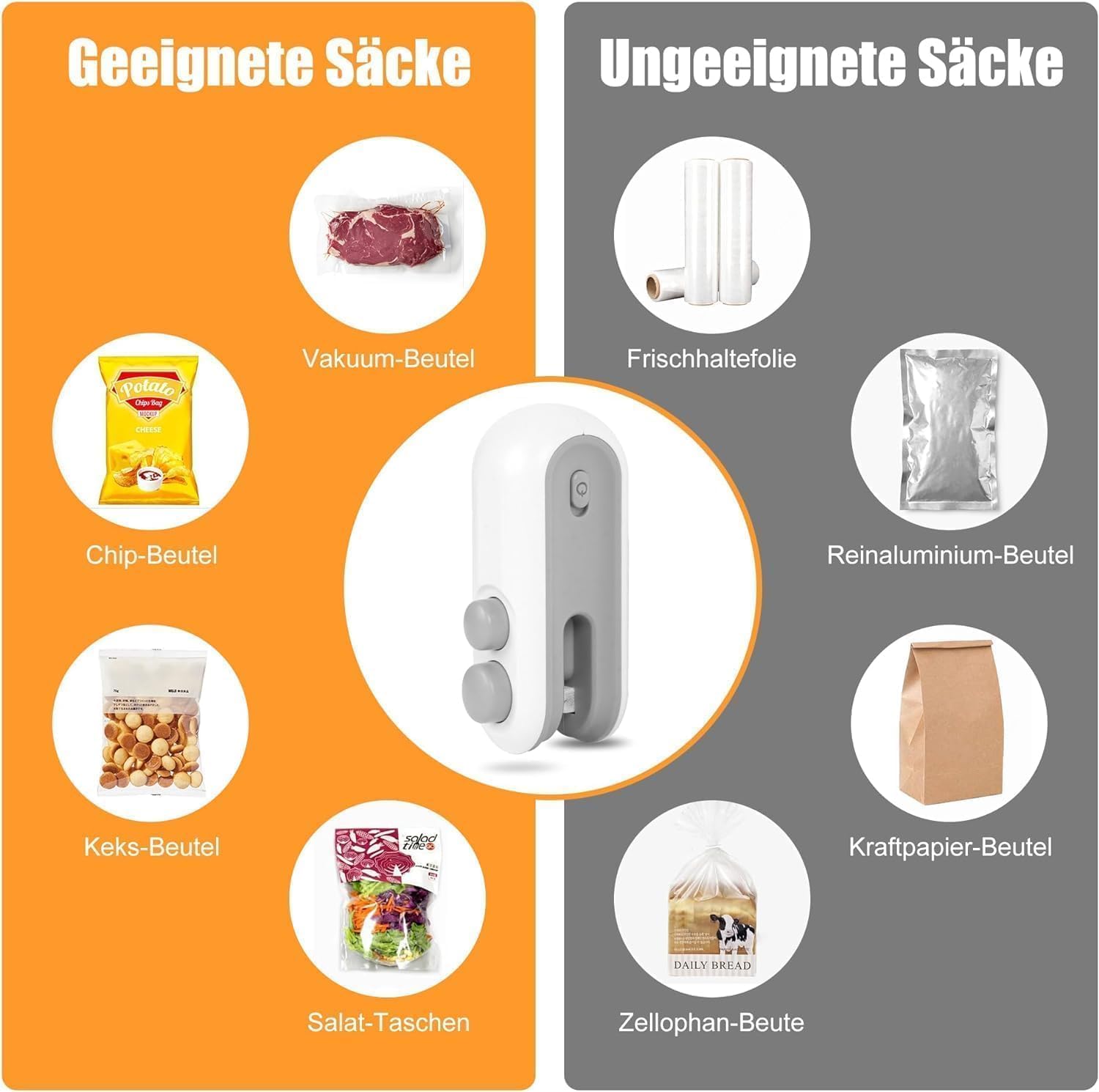 Comparison of suitable and unsuitable packaging types for a vacuum sealer on an orange and gray background.