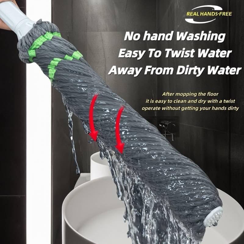 Mop with water being twisted away from dirty water, labeled 'Real Hands-Free'.