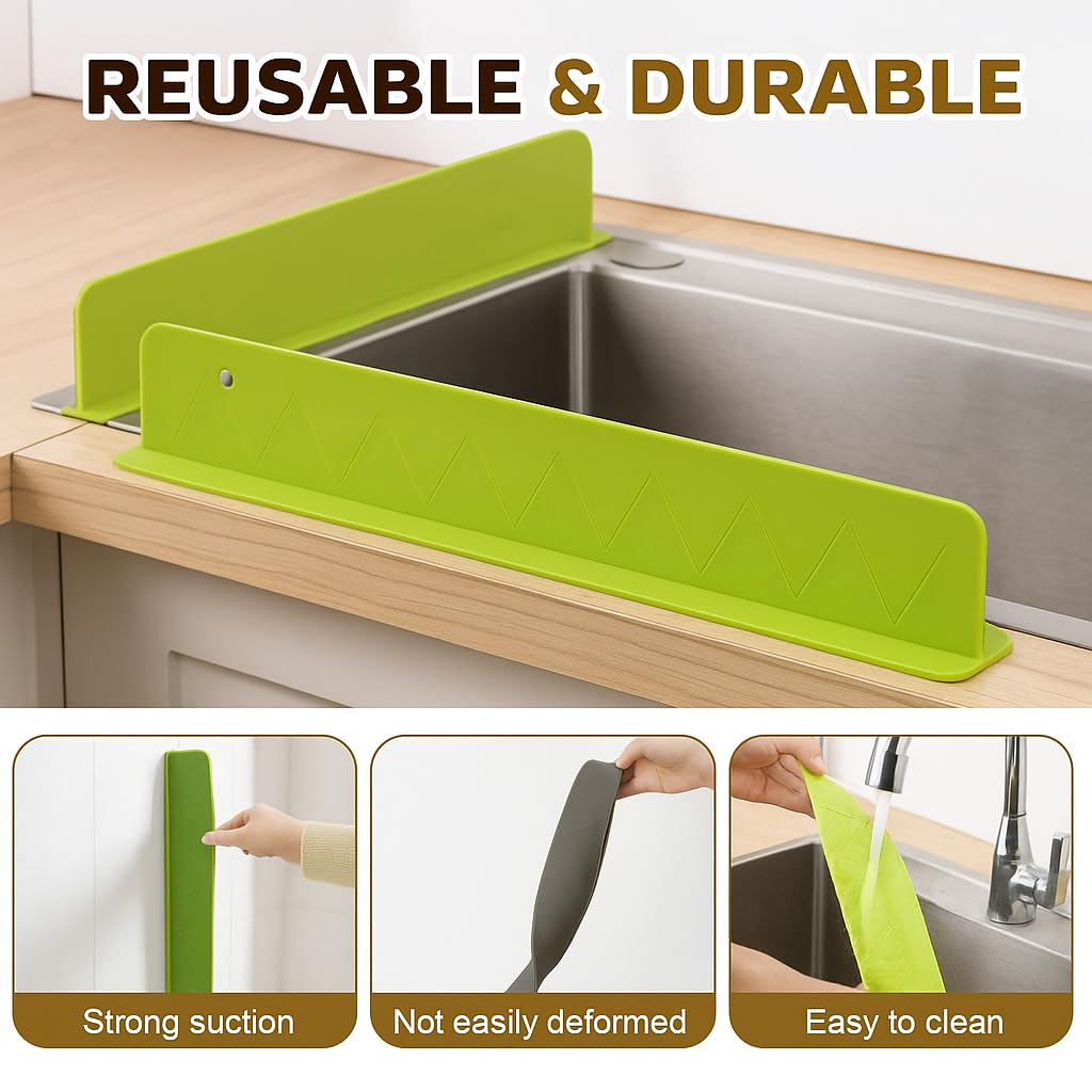 Green kitchen sink strainer with text highlighting features on a kitchen counter.