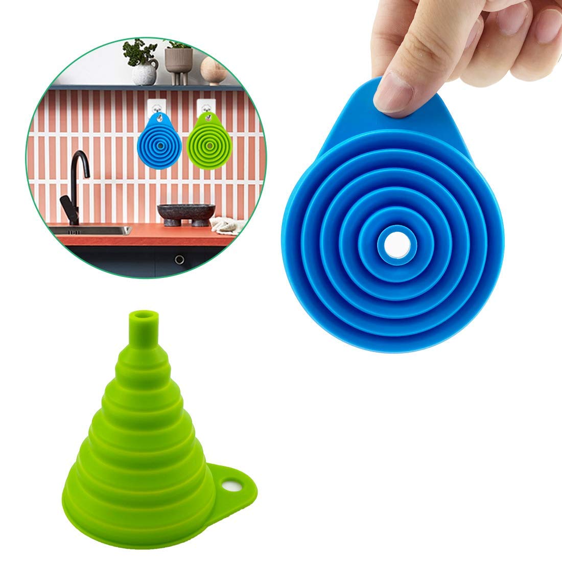 Silicone collapsible funnel for easy liquid and powder transfer in the kitchen

