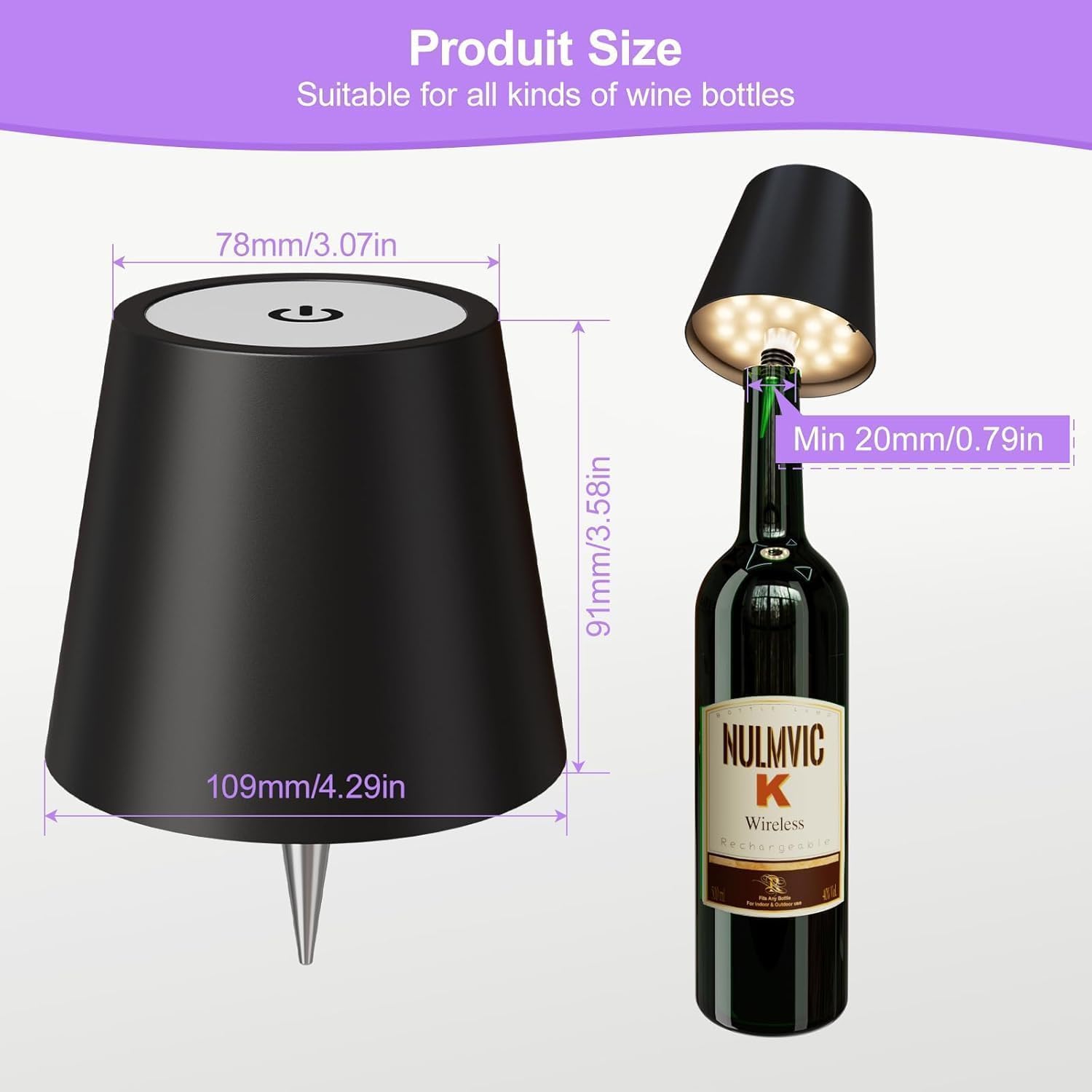 Black wine bottle lamp with dimensions and a Nulmvic K wine bottle for scale.