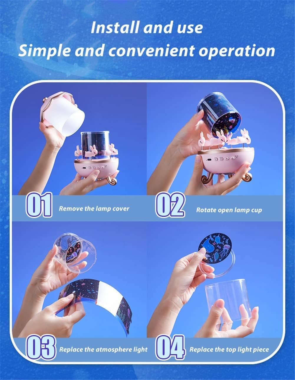 Instructions for installing and using a Rabbit Night Light Projector with step-by-step images on a blue background.