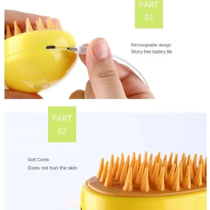 Yellow grooming tool with rechargeable design and soft comb feature on a white background.